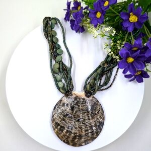 Reversible Mother of Pearl & Wooden Bead Multi Strand Vintage Statement Necklace